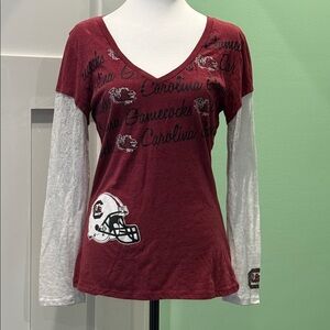 Women's Vintage V-Neck Long Sleeve Top - Garnet and White. Size L By ProEdge.